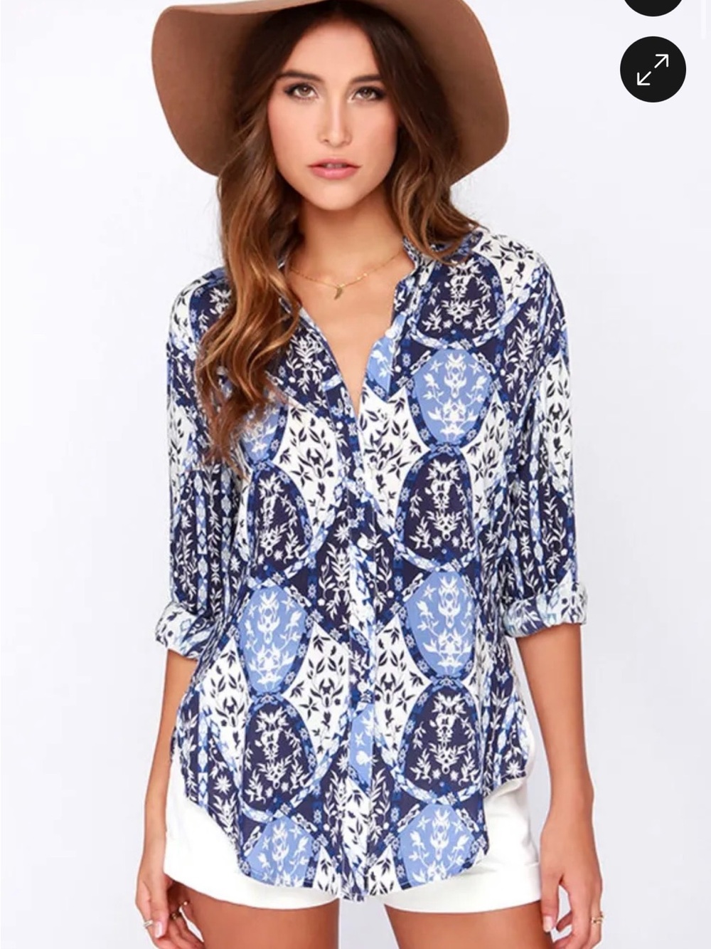 Anthropologie White Crow Coastal Blue Ivory Print Button-Up Top long sleeve M